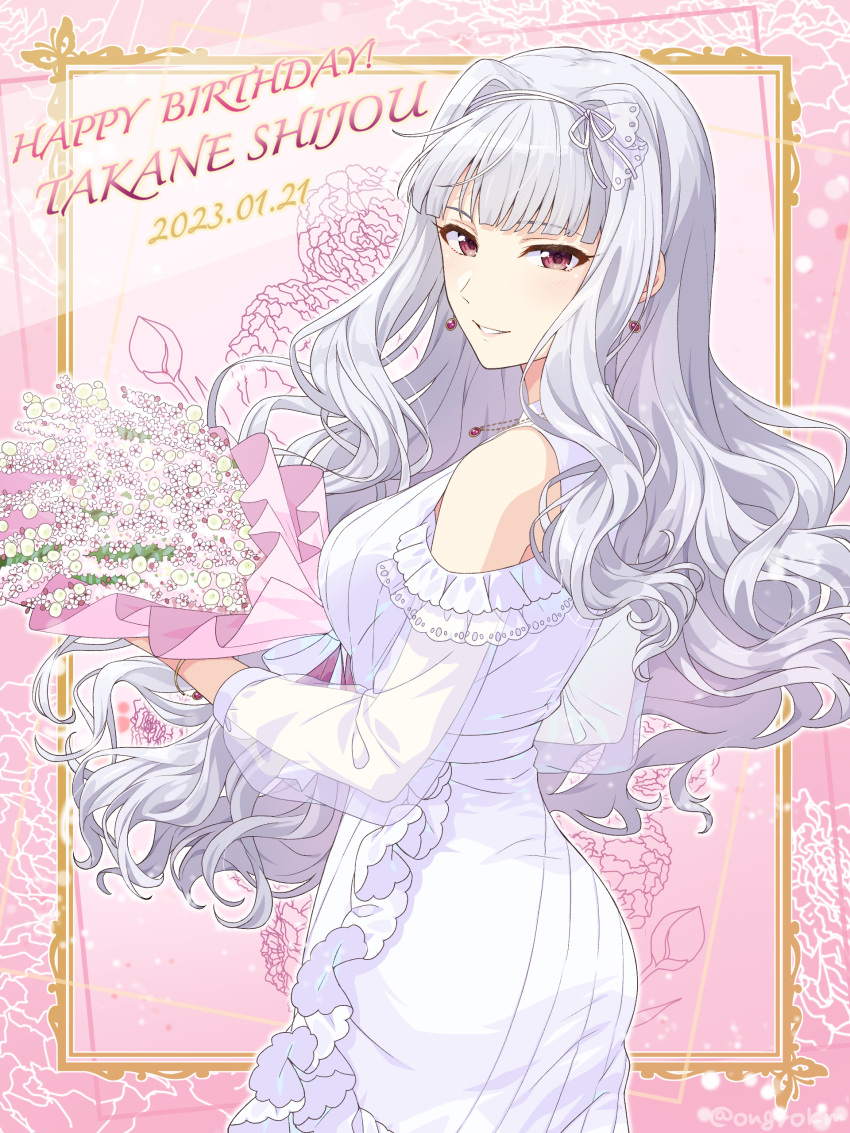1girl absurdres bangs blunt_bangs blush bouquet breasts clothing_cutout dated dress eating floral_background frilled_dress frills grey_hair hair_intakes happy_birthday highres holding holding_bouquet idolmaster idolmaster_(classic) idolmaster_million_live! large_breasts looking_at_viewer looking_back see-through see-through_sleeves shijou_takane shiro_(ongrokm) shoulder_cutout smile solo twitter_username white_dress