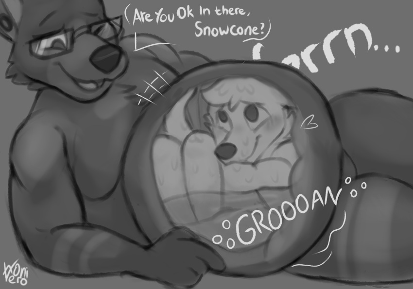 after_vore anthro bear belly big_belly blush bodily_fluids canid canine canis chubby_male dialogue digestion duo ear_piercing eyewear featureless_crotch fur glasses guts hi_res hybrid internal intestines lying male male/male male_pred male_prey mammal monochrome one_eye_closed open_mouth organs piercing rumbling_stomach shaded simple_background slightly_chubby soft_shading sound_effects stomach stomach_acid submissive text vore white_body white_fur wink wolfdog wolfyvero wonivero