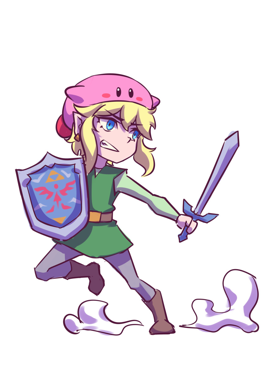 2022 absurd_res alien blonde_hair clothed clothing duo hair hej_510 hi_res humanoid hylian kirby kirby_(series) link male melee_weapon nintendo not_furry shield sword the_legend_of_zelda tunic waddling_head weapon