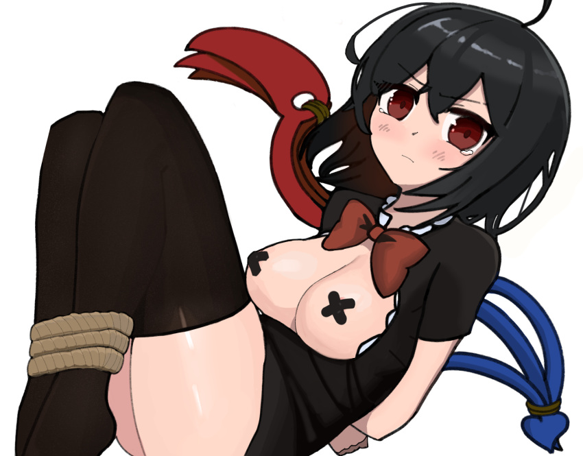 1girl ahoge areola_slip arms_behind_back asymmetrical_wings bangs black_dress black_hair blue_wings blush bound bound_legs bound_wings bow bowtie breasts breasts_out canonball_(dungigi12) closed_mouth commentary covered_nipples cross_pasties dress english_commentary feet_out_of_frame grin hair_between_eyes highres houjuu_nue looking_at_viewer medium_breasts no_shoes pasties red_bow red_bowtie red_eyes red_wings restrained shiny_skin short_dress short_hair simple_background smile solo tearing_up touhou white_background wings