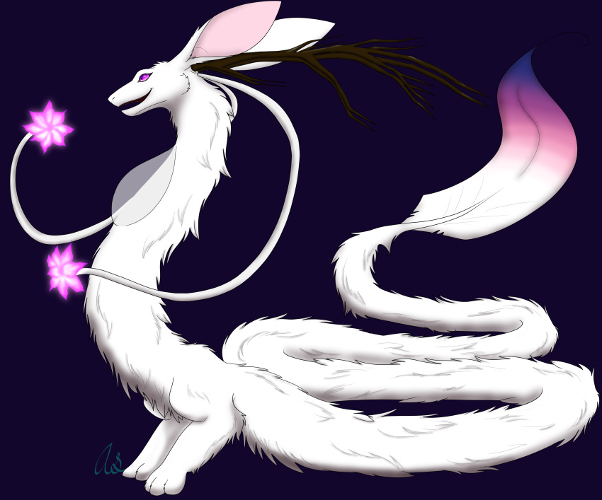 3_toes absurd_res ambiguous_gender antlers avimala_studios biped bipedal_feral blue_background feathers feet feral fleep fur glowing hi_res horn long_ears purple_eyes simple_background solo tail_feathers tendrils toes white_body white_fur