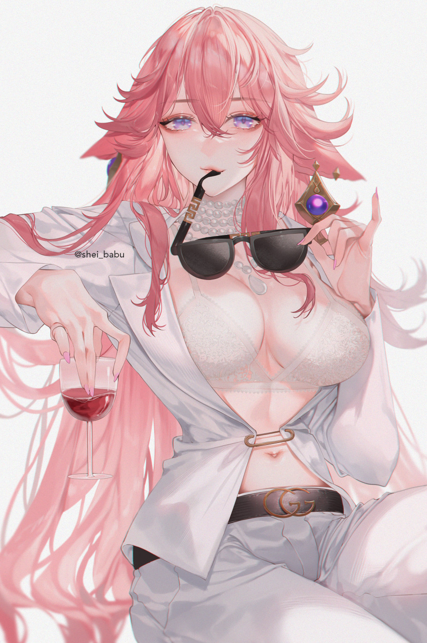 1girl absurdres alcohol animal_ears bangs bead_necklace beads belt blush bra breasts cleavage contemporary cup drinking_glass earrings eyewear_removed fox_ears genshin_impact highres jacket jewelry large_breasts long_hair long_sleeves looking_at_viewer navel necklace pants pink_hair purple_eyes shei99 sidelocks solo sunglasses thighs underwear very_long_hair white_bra white_jacket white_pants wine wine_glass yae_miko