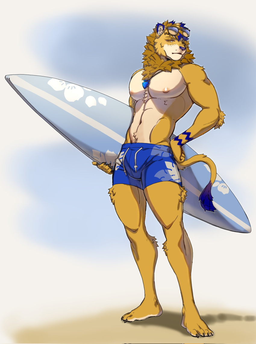 anthro blue_body blue_fur blue_hair clothing dexterlion eyewear felid fur glasses hair hi_res kasusei lion male mammal mane muscular muscular_anthro muscular_male pantherine sei_kasu solo surfboard swimwear yellow_body yellow_fur