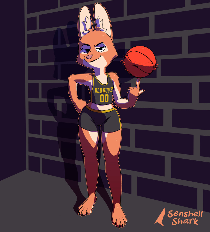 2023 absurd_res anthro ball barefoot basketball_(ball) basketball_uniform brick_wall brown_body brown_fur canid canine clothing diane_foxington digital_media_(artwork) dreamworks feet female fox fur hi_res looking_at_viewer mammal senshellshark smile smug solo sportswear standing the_bad_guys uniform wall_(structure)