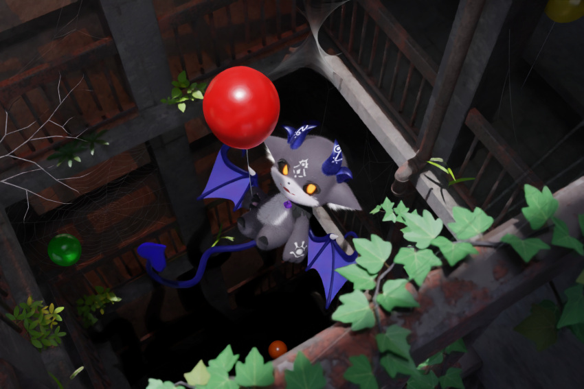 3:2 akuo_(niconico_seiga_58518147) ambiguous_gender anthro balloon biped black_sclera building debidebi_debiru demon detailed_background floating fur grey_body grey_fur hi_res hooves horn inflatable japanese_description membrane_(anatomy) membranous_wings semi-anthro solo spade_tail spider_web translated_description wings yellow_eyes
