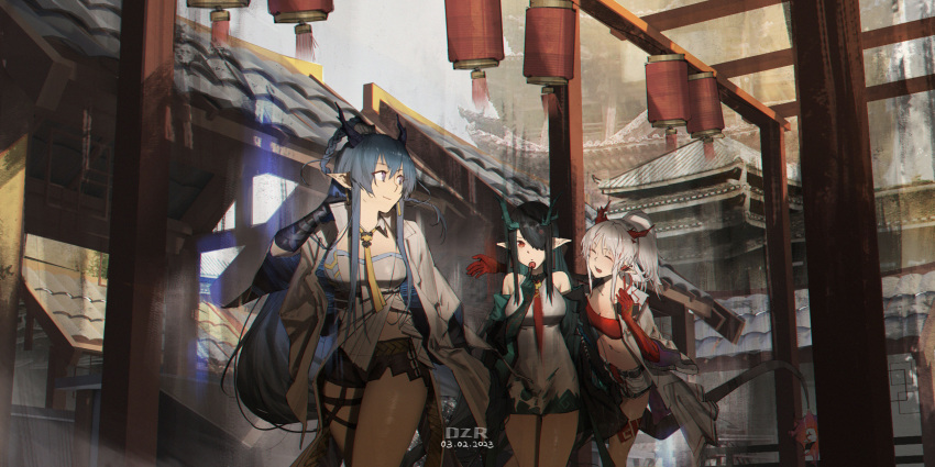 3girls :d absurdres arknights bare_shoulders black_hair black_jacket black_shorts blue_hair braid breasts cleavage closed_eyes closed_mouth collarbone collared_dress commentary_request danzir dated dragon_girl dragon_horns dragon_tail dress dusk_(arknights) grey_eyes grey_hair highres horns jacket ling_(arknights) medium_breasts multiple_girls nian_(arknights) off_shoulder open_clothes open_jacket ponytail red_bandeau red_eyes short_shorts shorts signature sleeveless sleeveless_dress smile tail white_dress white_jacket white_shorts