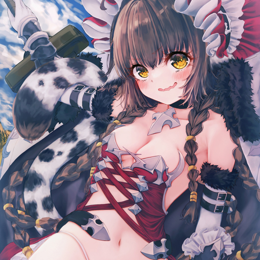 anju_(utawarerumono) blush bonnet braid breasts brown_hair cleavage holding holding_weapon leopard_tail navel tail thighhighs twin_braids utawarerumono utawarerumono:_itsuwari_no_kamen wakaba_(945599620) weapon