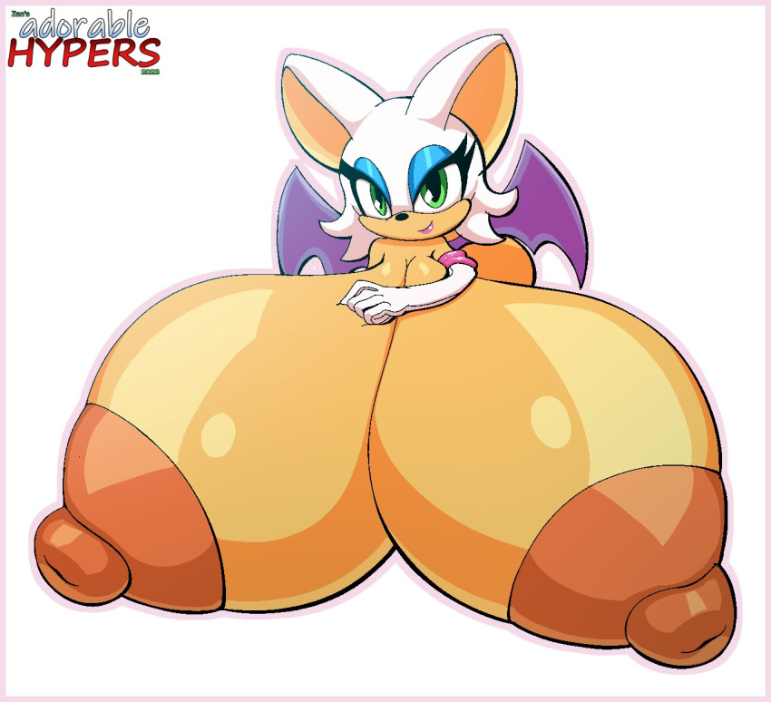 anthro areola bat big_breasts breasts clothing female gloves green_eyes hair handwear hi_res huge_breasts hyper hyper_breasts looking_at_viewer mammal nipples nude rouge_the_bat sega smile solo sonic_the_hedgehog_(series) tan_areola tan_body tan_nipples white_hair wings zanbonsen