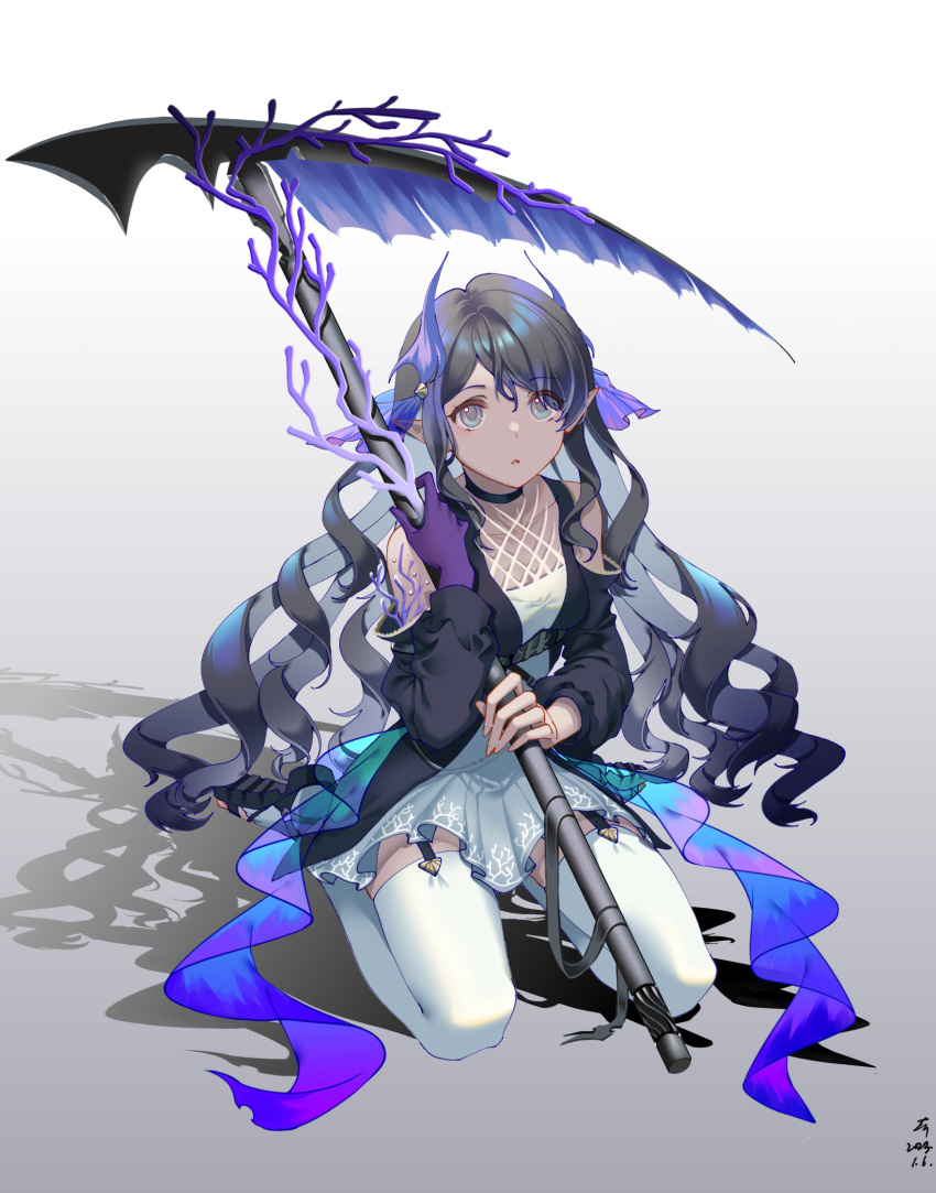 1girl :o arknights bangs bare_shoulders black_choker black_hair black_jacket blue_eyes choker collarbone coral dress eyes_visible_through_hair full_body garter_straps gloves gradient_background grey_background grey_dress highmore_(arknights) highres holding holding_scythe horns jacket long_hair long_sleeves looking_at_viewer nanjieji painttool_sai_(medium) parted_lips pointy_ears purple_gloves scythe seiza signature single_glove sitting sleeveless sleeveless_dress solo swept_bangs thighhighs very_long_hair white_background white_thighhighs