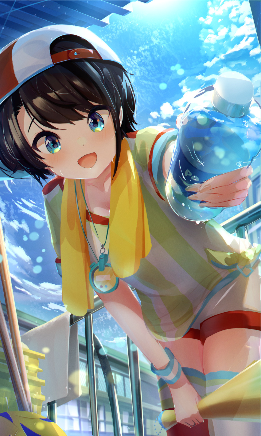 1girl aqua_eyes asymmetrical_legwear backwards_hat bangs baseball_cap black_hair blue_sky blush bottle cloud day hai_0013 hat highres holding holding_bottle holding_megaphone hololive incoming_drink leaning_forward looking_at_viewer loose_clothes loose_shirt megaphone mismatched_legwear oozora_subaru open_mouth outdoors outstretched_arm red_headwear red_thighhighs shirt short_hair short_shorts short_sleeves shorts sky smile solo stopwatch stopwatch_around_neck striped striped_shirt sweat sweatband swept_bangs t-shirt thighhighs tied_shirt towel towel_around_neck two-tone_headwear two-tone_shirt vertical-striped_shirt vertical_stripes virtual_youtuber water_bottle whistle whistle_around_neck white_headwear white_shirt white_shorts white_thighhighs wristband yellow_shirt