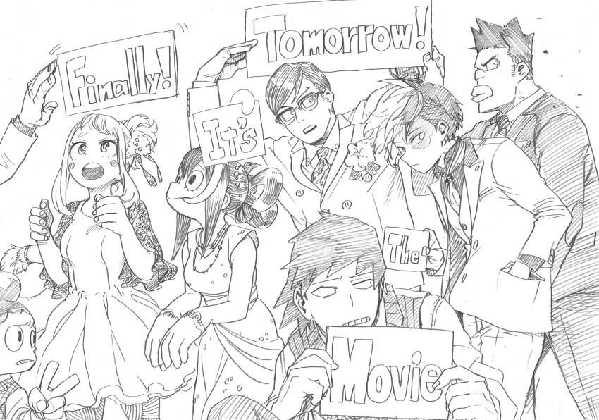 2girls 5boys asui_tsuyu bakugou_katsuki bangs boku_no_hero_academia burn_scar dress english_text glasses greyscale hair_between_eyes highres horikoshi_kouhei iida_tenya looking_at_another looking_at_viewer midoriya_izuku mineta_minoru monochrome multicolored_hair multiple_boys multiple_girls satou_rikidou scar scar_on_face sero_hanta short_hair simple_background sketch todoroki_shouto two-tone_hair uraraka_ochako white_background