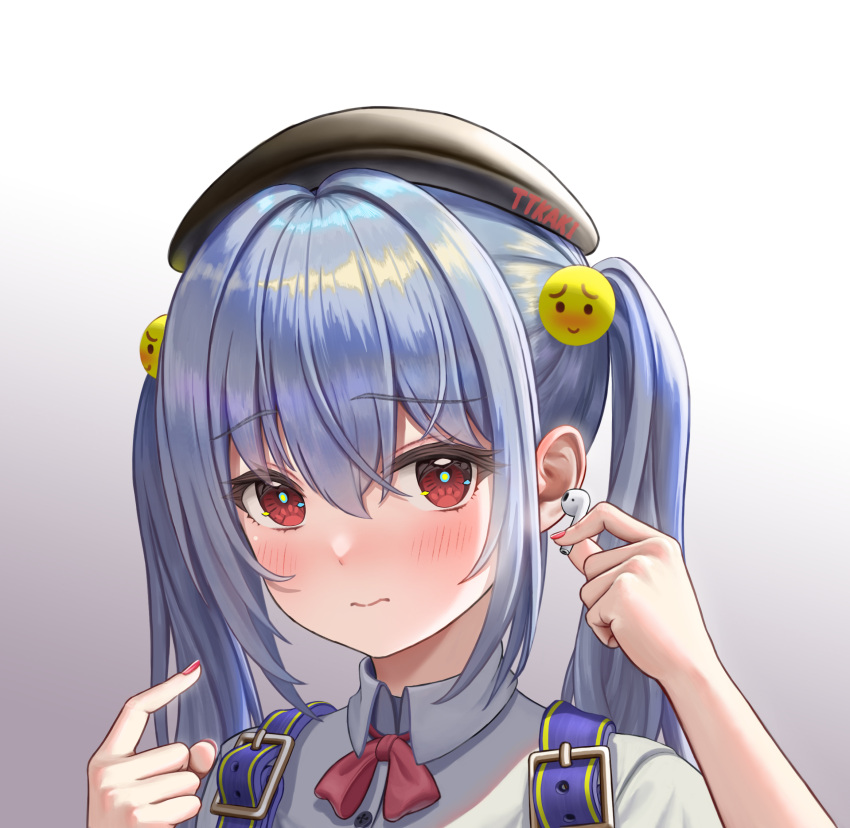 1girl artist_name bangs beret black_headwear blue_hair blush bow bowtie closed_mouth collared_shirt earbuds earphones gradient_background grey_background hands_up hat highres holding holding_earphones light_blue_hair original pink_bow pink_bowtie pointing pointing_at_self portrait red_eyes red_nails shirt solo ttkaki twintails white_shirt wireless_earphones