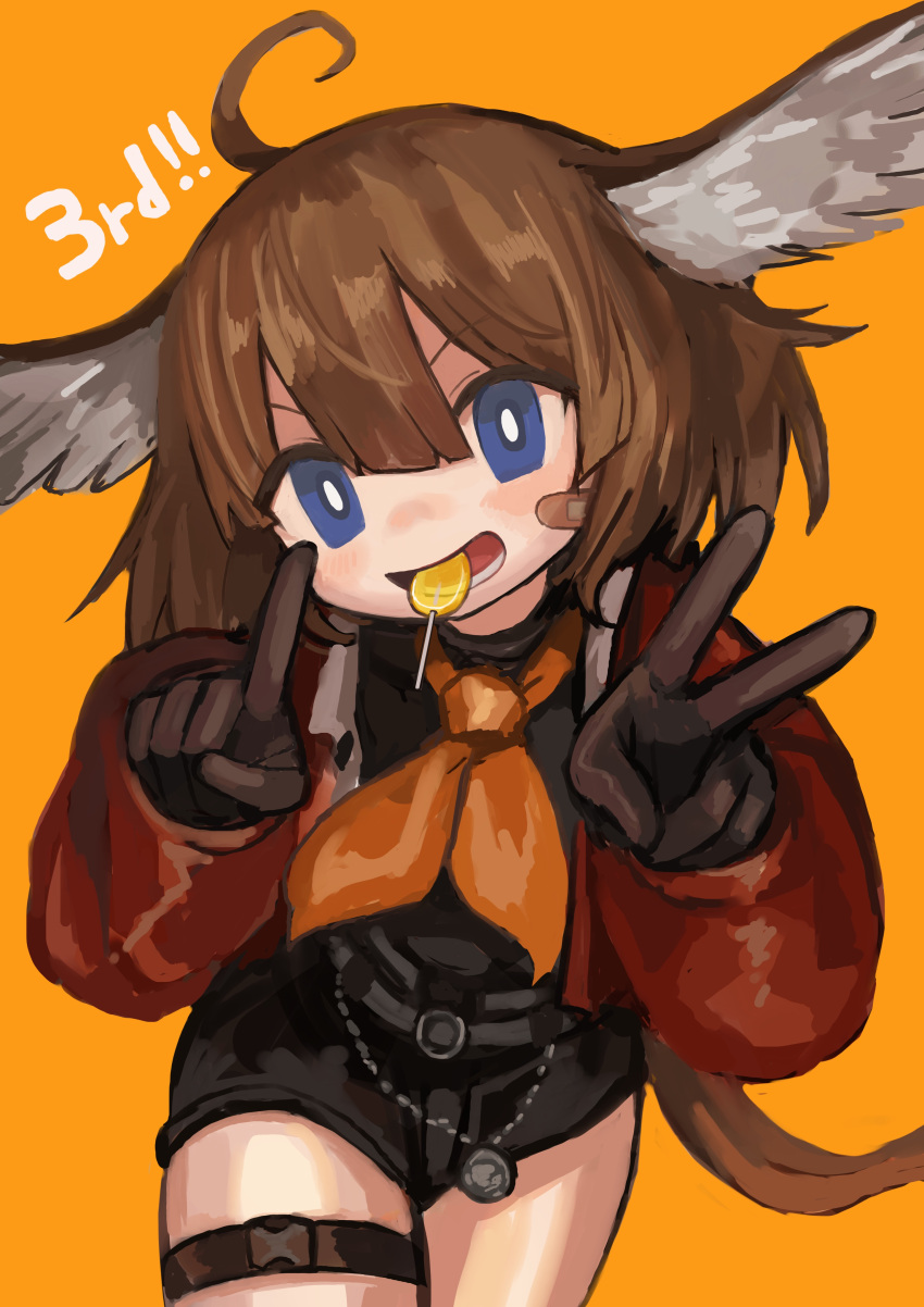 absurdres aciddrop_(arknights) ahoge animal_ears arknights bandaid bandaid_on_cheek bandaid_on_face bangs bird_ears black_gloves black_shirt black_shorts blue_eyes brown_hair buchi0122 candy finger_counting food food_in_mouth gloves hair_between_eyes hands_up head_tilt highres jacket lollipop long_hair long_sleeves looking_at_viewer neckerchief open_mouth orange_background orange_neckerchief puffy_long_sleeves puffy_sleeves red_jacket shirt short_shorts shorts simple_background sleeves_past_wrists very_long_hair