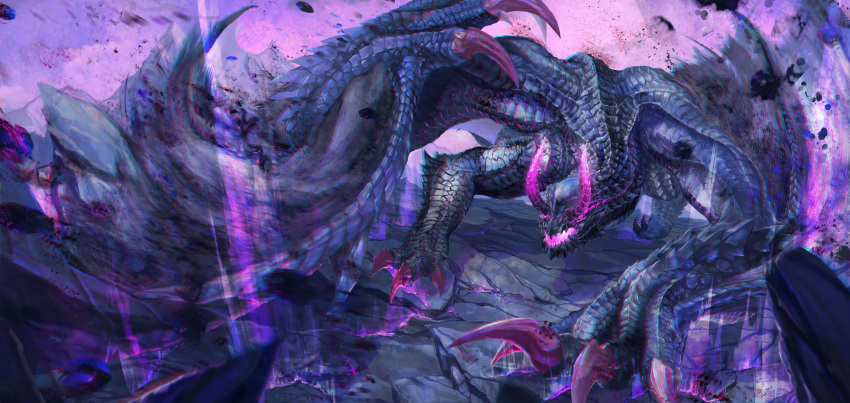 absurdres claws debris dragon eating403 extra_arms foreshortening glowing_horns glowing_mouth gore_magala highres horns monster monster_hunter_(series) no_eyes no_humans open_mouth purple_theme scales talons wings