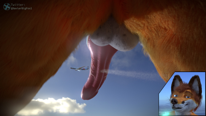 3d_(artwork) absurd_res aircraft airplane anthro balls big_penis blender_(software) blep blue_eyes brown_hair canid canine cloud digital_media_(artwork) erection fox fur genitals glowing glowing_genitalia glowing_penis hair hi_res hybrid_genitalia looking_up_at_penis looming macro male mammal nude orange_body orange_fur penis red_fox red_penis size_difference sky solo standing_over tongue tongue_out xavier_(zmaster587) xavierbigfox zmaster587