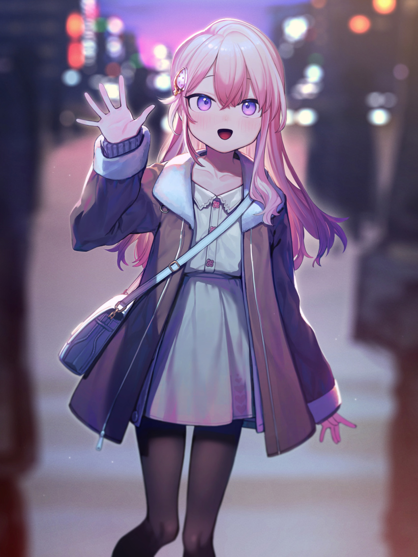 1girl :d bag black_coat black_pantyhose blurry blurry_background blush city city_lights coat collarbone food-themed_hair_ornament hair_between_eyes hair_ornament hairpin hand_up high-waist_skirt highres long_hair long_sleeves night open_clothes open_coat original outdoors pantyhose pink_hair purple_eyes shoulder_bag signalviolet skirt smile solo_focus strawberry_hair_ornament waving white_skirt