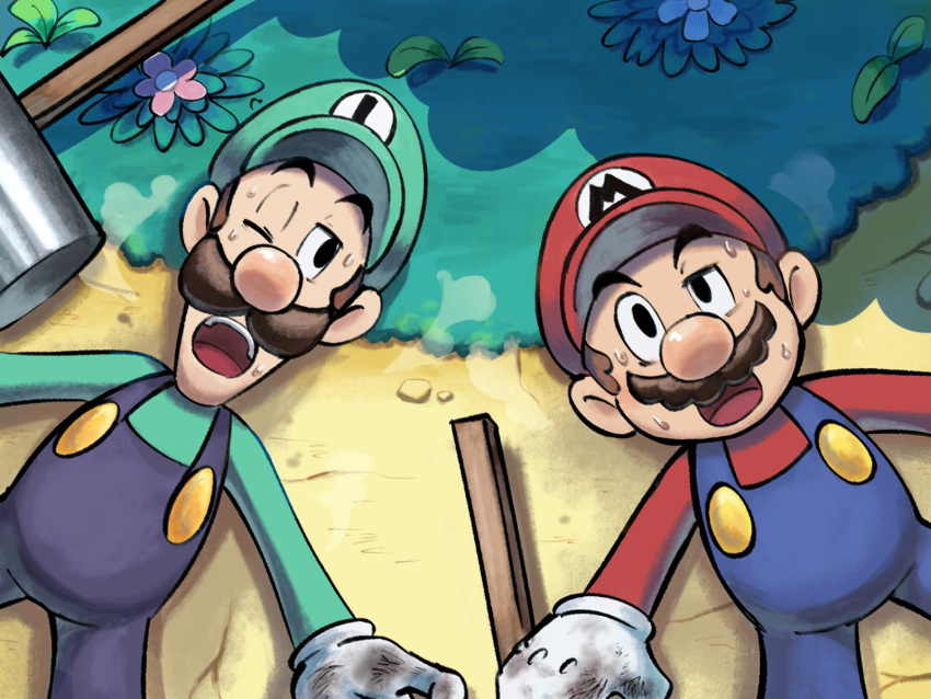 2boys blue_overalls brothers dirty dirty_clothes facial_hair gloves grass green_headwear green_shirt hammer highres luigi mario mario_&amp;_luigi_rpg mario_&amp;_luigi_rpg_(style) mario_(series) multiple_boys mustache on_ground one_eye_closed open_mouth outdoors overalls red_headwear red_shirt shirt siblings teeth upper_teeth_only white_gloves ya_mari_6363