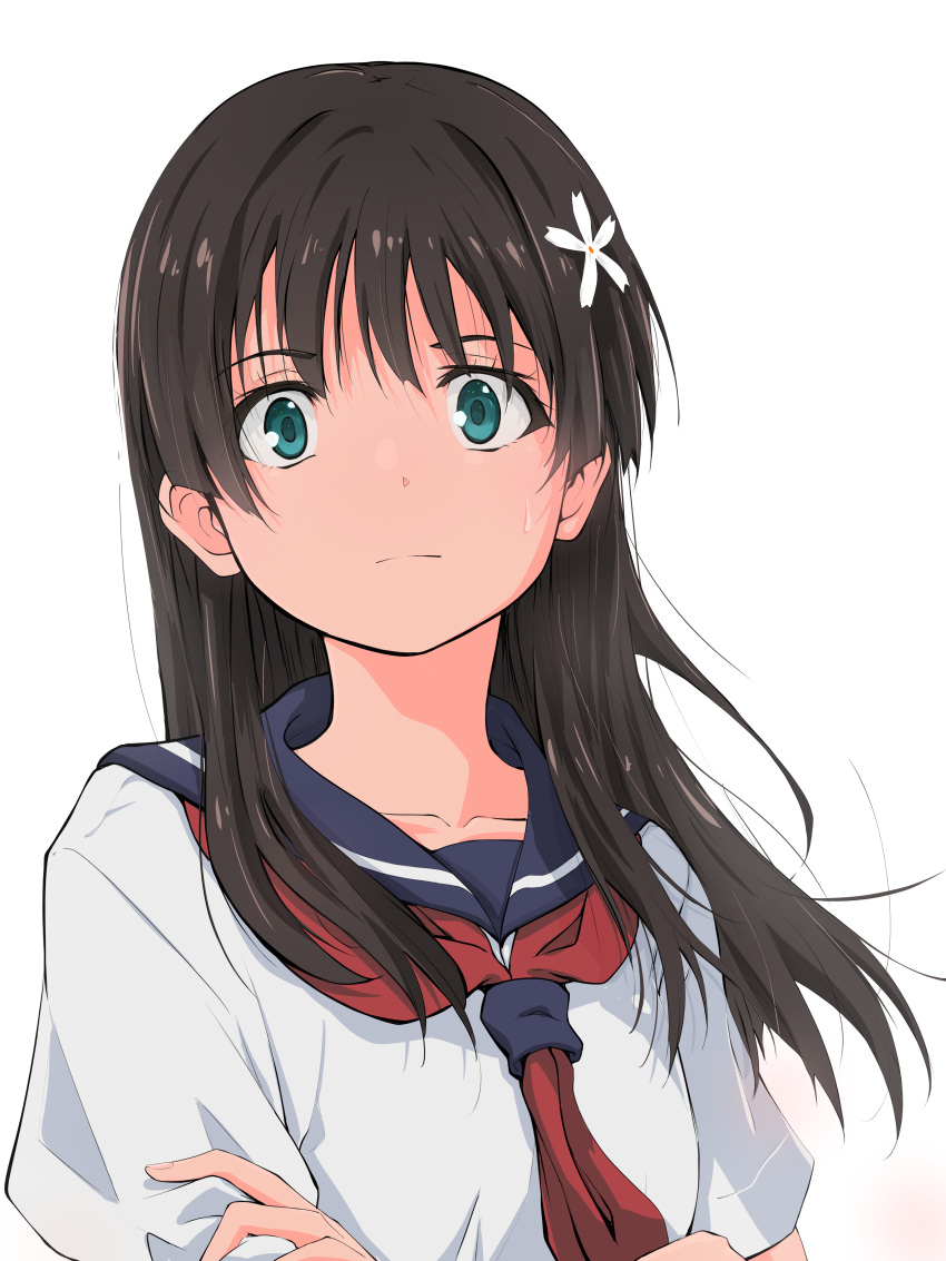 1girl absurdres black_hair blue_sailor_collar closed_mouth collarbone commentary_request crossed_arms flower green_eyes hair_flower hair_ornament highres long_hair looking_at_viewer musaki_(msaki666) neckerchief red_neckerchief sailor_collar sakugawa_school_uniform saten_ruiko school_uniform serafuku short_sleeves simple_background solo summer_uniform sweatdrop toaru_kagaku_no_railgun toaru_majutsu_no_index upper_body white_background