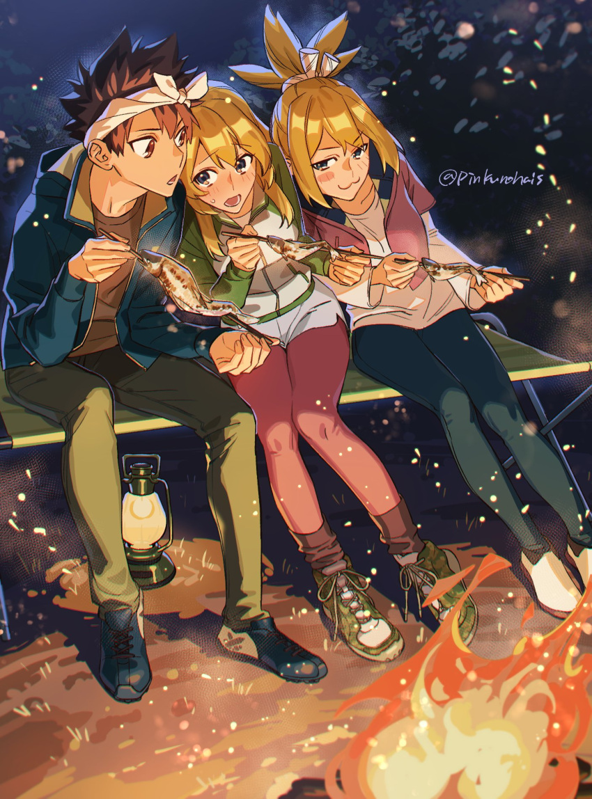 1boy 2girls :3 alternate_costume blonde_hair blue_eyes blush brown_eyes brown_hair campfire chrome_(dr._stone) dr._stone eating fish grilled_fish headband highres kerosene_lamp kohaku_(dr._stone) long_hair multiple_girls night on_bench open_mouth outdoors pinkurohai ponytail ruri_(dr._stone) shoes short_hair sitting sneakers twitter_username white_headband