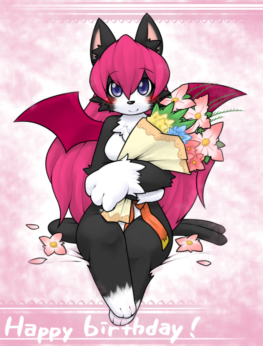 1girl animal_ear_fluff animal_ears animal_feet animal_hands animal_nose bangs black_fur blue_eyes blue_flower blush body_fur bouquet breasts cat_ears cat_girl cat_tail character_request closed_mouth commentary_request crossed_arms demon_wings english_text feet flower forked_tail full_body fur_collar furry furry_female hair_between_eyes handymonsters happy happy_birthday highres holding holding_bouquet kame_(3t) legs legs_together long_hair looking_at_viewer no_nipples petals pink_background pink_flower pink_hair red_flower red_wings sidelocks sitting small_breasts smile solo straight-on tail two-tone_fur white_fur wings yellow_flower