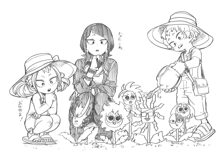 1boy 2girls bakugou_katsuki boku_no_hero_academia child flower greyscale hat highres horikoshi_kouhei jirou_kyouka midoriya_izuku monochrome multiple_girls open_mouth shimano_katsuma shimano_mahoro short_hair simple_background sitting sketch todoroki_shouto twintails uraraka_ochako white_background yaoyorozu_momo