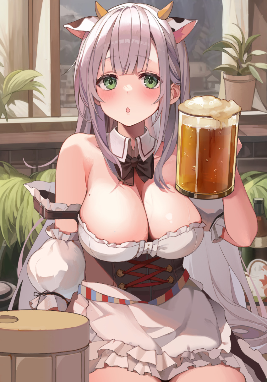 1girl alcohol animal_ears animal_print apron architecture bangs bare_shoulders beer beer_mug black_bow black_bowtie blunt_bangs blush bottle bow bowtie breasts chestnut_mouth cleavage cow_ears cow_horns cow_print cropped_legs cup detached_collar detached_sleeves dirndl dot_nose drink frilled_skirt frills german_clothes german_text green_eyes grey_hair hair_behind_ear highres holding holding_cup holding_drink hololive horns large_breasts long_hair looking_at_viewer mole mole_on_breast momomiya mug official_alternate_costume official_alternate_hair_length official_alternate_hairstyle open_mouth plant puffy_detached_sleeves puffy_sleeves shirogane_noel sitting skirt solo upper_body virtual_youtuber waist_apron white_apron window wrist_cuffs