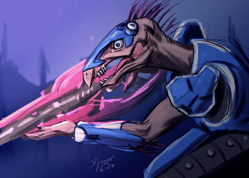 akilae06 alien ambiguous_gender anthro arm_tuft armor avian beak beam_rifle blue_eyes colored colored_sketch energy_weapon fangs gun halo_(series) head_crest headgear helmet hi_res holding_gun holding_object holding_weapon kig-yar microsoft open_mouth outside pseudo_hair purple_quills quills ranged_weapon ruuhtian_(kig-yar) scalie simple_background sketch solo spaulder tan_body tan_skin teeth tongue tuft vambraces weapon xbox_game_studios