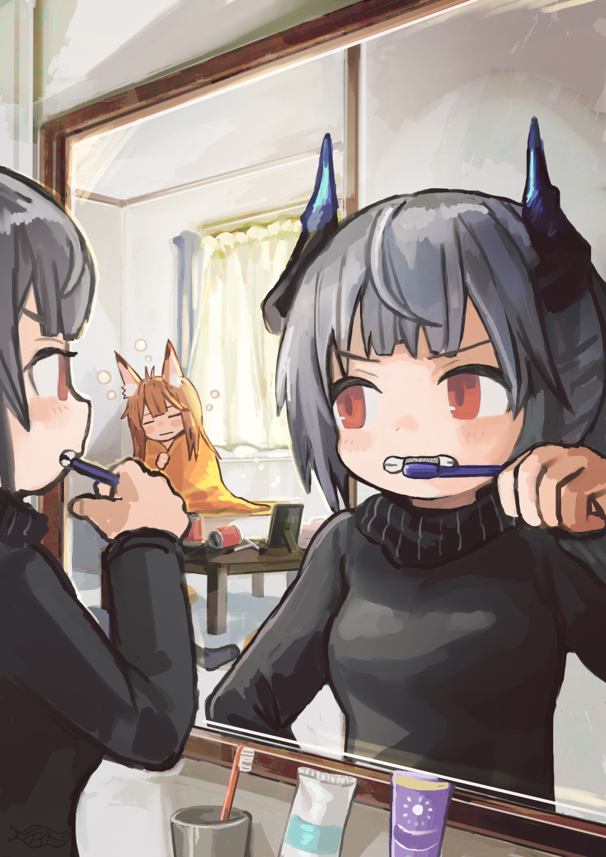 absurdres animal_ear_fluff animal_ears arknights black_shirt blanket breasts brown_hair buchi0122 chibi clenched_teeth curtains day franka_(arknights) grey_hair highres holding holding_toothbrush horns indoors liskarm_(arknights) long_sleeves mirror red_eyes reflection shirt small_breasts teeth toothbrush