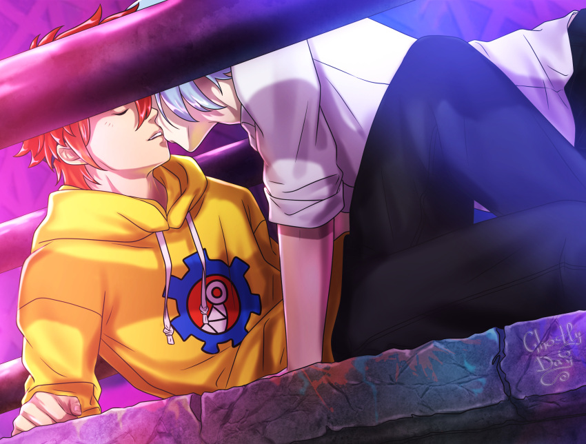 2boys artist_name black_pants blue_hair closed_eyes facing_another ghostly_day hair_between_eyes hasegawa_langa highres hood hood_down hoodie kiss knee_up kyan_reki male_focus multiple_boys pants railing red_hair shirt short_hair sk8_the_infinity white_shirt yaoi yellow_hoodie