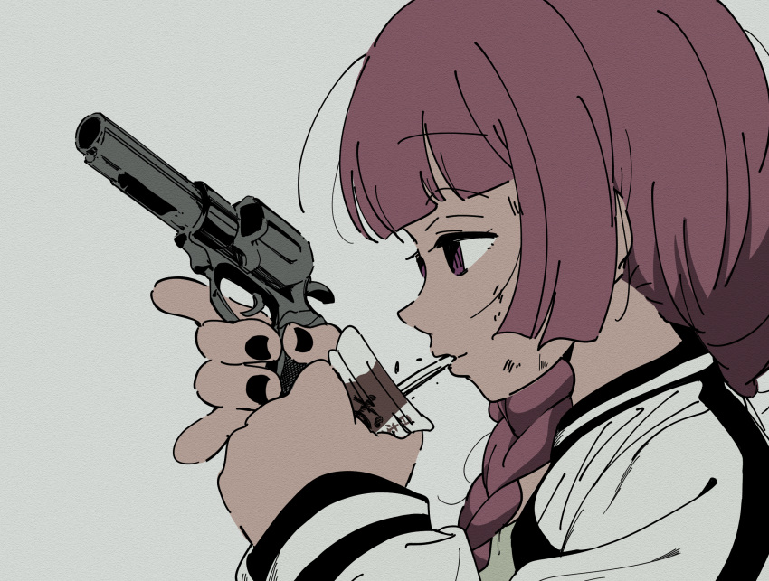 1girl \n/ bangs black_nails blunt_bangs bocchi_the_rock! braid crushing dress drinking drinking_straw drinking_straw_in_mouth goumonsha green_dress gun hair_over_shoulder half-closed_eyes hand_up highres hiroi_kikuri holding holding_carton holding_gun holding_weapon jacket letterman_jacket long_sleeves looking_ahead nail_polish open_clothes open_jacket paper_texture parody portrait profile purple_eyes purple_hair revolver simple_background solo weapon