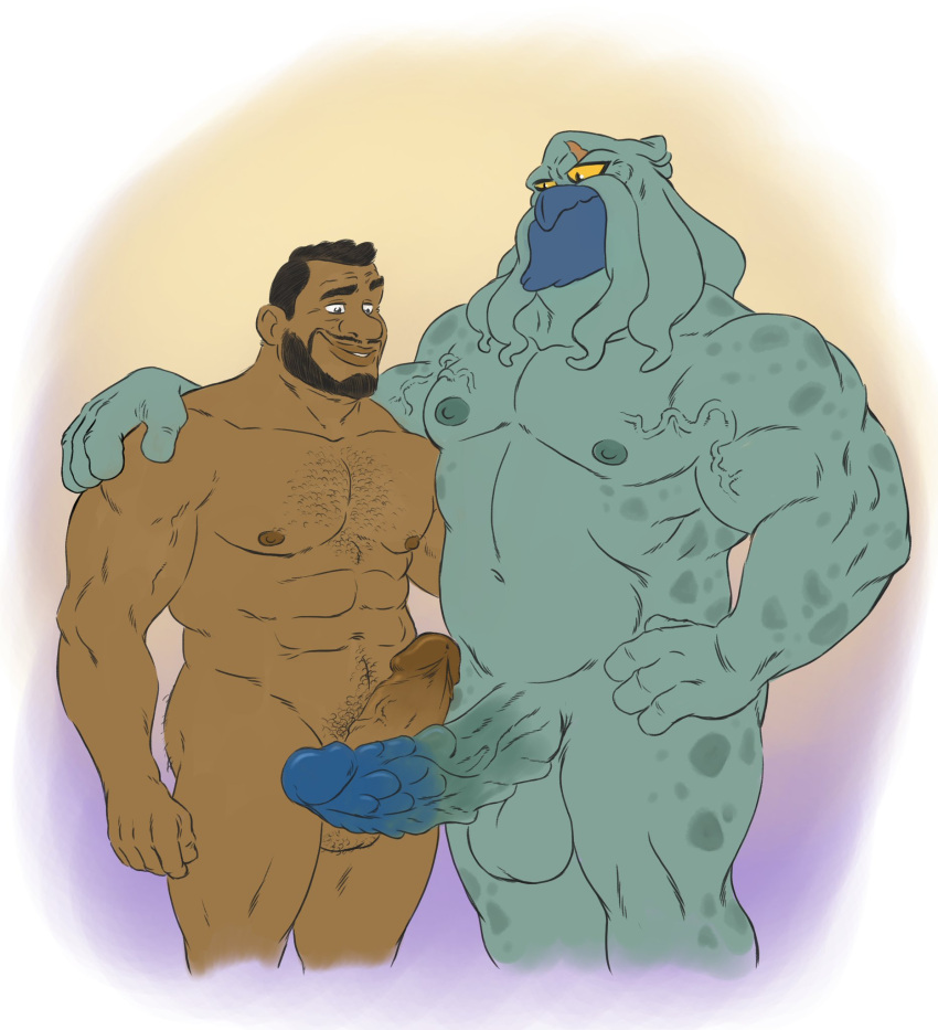 abs anthro balls beak beard big_balls big_penis black_hair body_hair chest_hair duo eye_scar facial_hair facial_scar furryrevolution genitals green_body hair hand_on_shoulder hi_res human human_on_anthro interspecies larger_anthro larger_male looking_at_genitalia looking_at_penis male male/male mammal mollusk muscular muscular_anthro muscular_male navel nipples nude pecs penis pseudo_hair scar size_difference smaller_human smaller_male tentacle_hair tentacle_maw tentacles