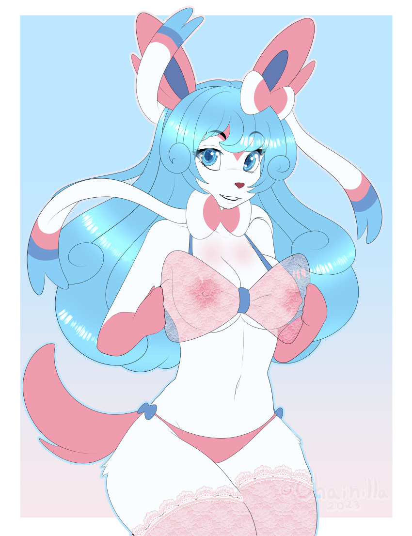 absurd_res blue_eyes blue_hair bow_tie bra breasts chainilla_(artist) clothing curled_hair eeveelution female fur generation_6_pokemon hair hi_res lace legwear lingerie nintendo nipples pink_body pink_fur pokemon pokemon_(species) ribbons smile solo sylveon thigh_highs underwear white_body white_fur