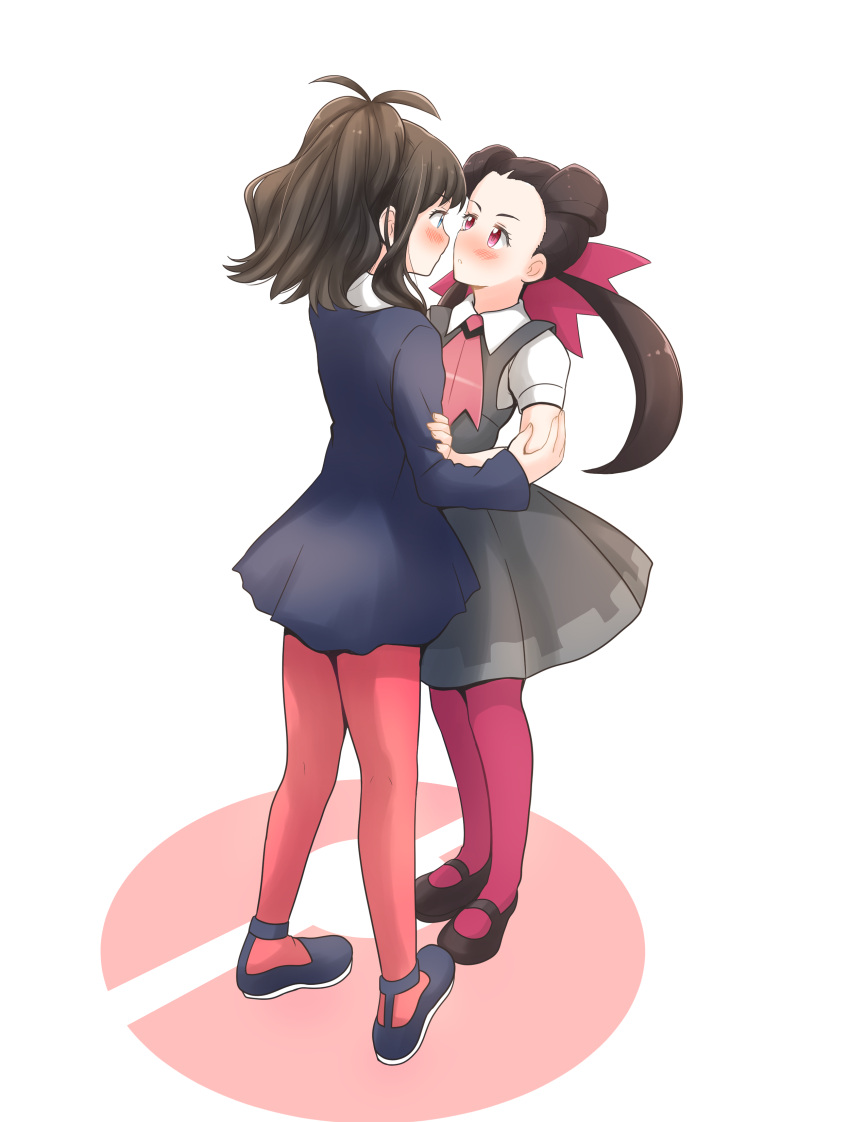 2girls absurdres blush bow brown_hair collared_shirt commission dress eye_contact forehead grey_dress hair_bow highres hilda_(pokemon) imminent_kiss kurosawa_karura legs long_hair looking_at_another multiple_girls pantyhose pink_pantyhose pixiv_commission pokemon pokemon_(game) pokemon_bw pokemon_oras ponytail red_eyes roxanne_(pokemon) shirt shoes short_dress simple_background twintails white_shirt yuri