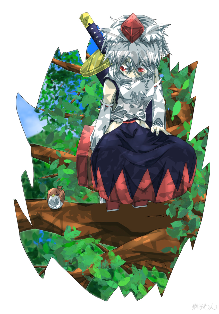 1girl animal_ears bangs bare_shoulders bird black_skirt blue_sky branch breasts closed_mouth commentary_request crossed_bangs day detached_sleeves eurasian_tree_sparrow fangs fangs_out frown full_body groin hair_between_eyes hat highres hip_vent inubashiri_momiji looking_at_animal looking_to_the_side multicolored_clothes multicolored_skirt outdoors pom_pom_(clothes) red_eyes red_skirt ribbon-trimmed_sleeves ribbon_trim shirt shishi_wan short_hair skirt sky sleeveless sleeveless_shirt small_breasts solo sparrow squatting sword sword_on_back tail thick_eyebrows tokin_hat touhou tree v-shaped_eyebrows weapon weapon_on_back white_hair white_shirt wolf_ears wolf_tail