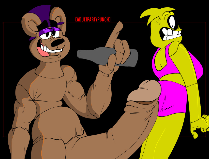 adultpartypunch animatronic anthro big_penis breasts clothing digital_media_(artwork) drunk duo female five_nights_at_freddy's five_nights_at_freddy's_2 freddy_(fnaf) genitals hi_res huge_penis humanoid hyper hyper_genitalia hyper_penis imminent_rape imminent_sex machine male male/female male_focus muscular nude panties penis robot scottgames simple_background substance_intoxication toy_chica_(fnaf) underwear
