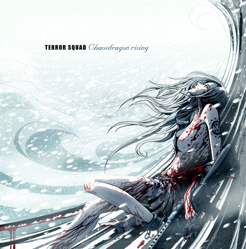 1girl absurdres album_cover bare_legs bare_shoulders blizzard blood blood_on_arm blood_on_breasts blood_on_clothes blood_on_face blood_on_hands blood_on_leg breasts commentary cover cuffs empty_eyes english_text floating_hair foot_out_of_frame grey_hair gun highres injury katana kawaguchi_tadahiko long_hair machine_gun medium_breasts open_mouth original outdoors shackles snow snowing solo sword tattoo torn_clothes weapon