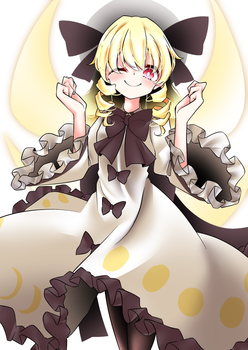 1girl absurdres black_ribbon blonde_hair blush crescent dress drill_hair fairy fairy_wings full_moon highres luna_child moon one_eye_closed red_eyes ribbon smile solo touhou user_rejz8478 white_dress white_headwear wings yellow_wings