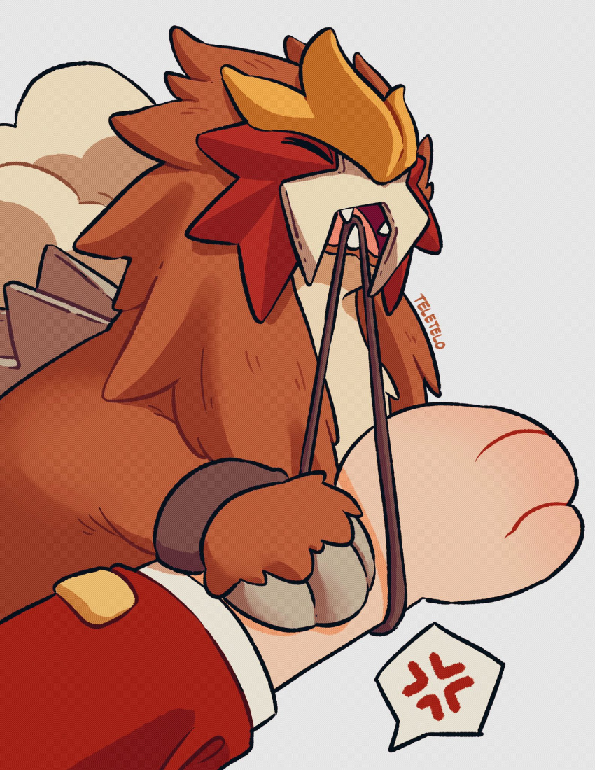 1other anger_vein closed_eyes commentary entei grey_background highres jacket long_sleeves open_mouth pokemon pokemon_(creature) pulling red_jacket simple_background spoken_anger_vein teeth teletelo