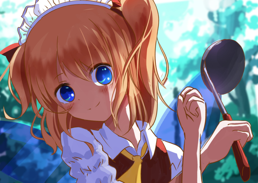 1girl birijian blue_eyes blush fairy fairy_wings holding holding_ladle ladle looking_at_viewer red_hair smile solo sunny_milk tiara touhou two_side_up wings