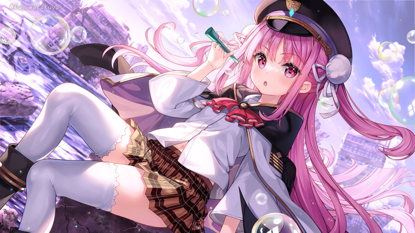 1girl black_headwear bubble bubble_pipe fujima_takuya hat heaven_burns_red highres holding jacket kunimi_tama long_hair long_sleeves looking_at_viewer parted_lips pink_eyes pink_hair plaid plaid_skirt sailor_hat skirt solo thighhighs white_thighhighs zettai_ryouiki