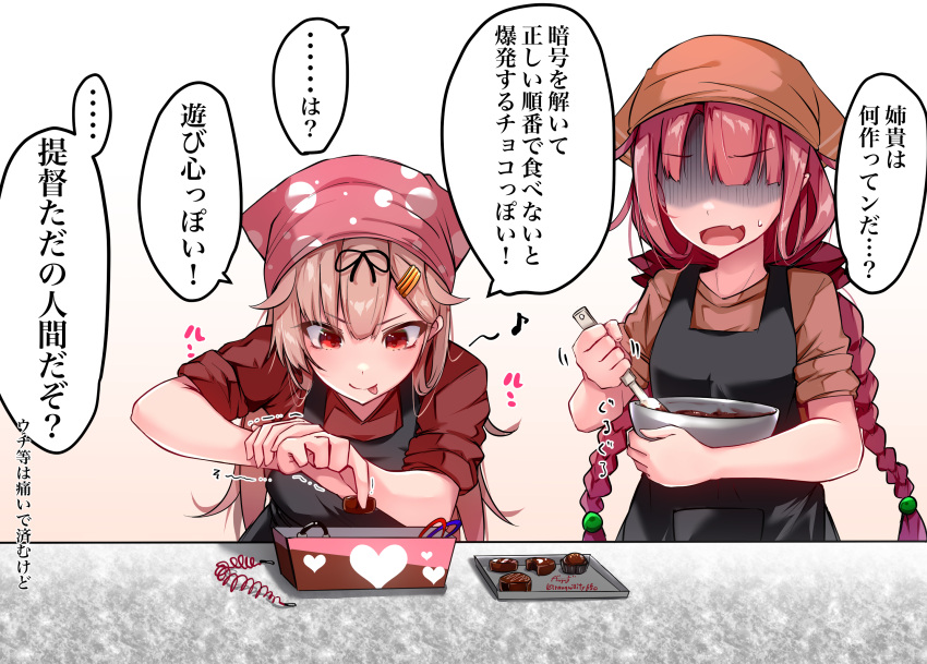 2girls apron artist_name baileys_(tranquillity650) black_apron black_ribbon blonde_hair braid brown_headwear brown_shirt chocolate closed_mouth eighth_note hair_flaps hair_ornament hair_ribbon hairclip head_scarf heart highres holding kantai_collection kawakaze_(kancolle) kawakaze_kai_ni_(kancolle) long_hair mixing_bowl motion_lines multiple_girls musical_note open_mouth pink_headwear red_eyes red_hair red_shirt ribbon shirt signature smile speech_bubble tongue tongue_out translation_request twin_braids twitter_username yuudachi_(kancolle) yuudachi_kai_ni_(kancolle)