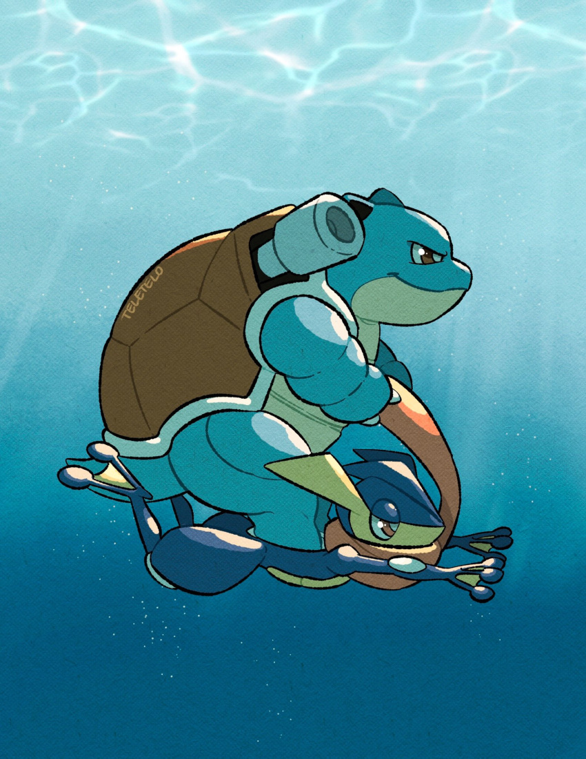 artist_name blastoise brown_eyes closed_mouth commentary english_commentary from_side greninja highres no_humans pokemon pokemon_(creature) profile surfing swimming teletelo underwater