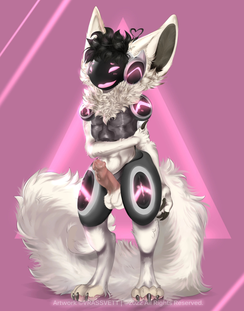 anthro balls big_ears bodily_fluids embarrassed erection fluffy fluffy_tail genital_fluids genitals hair hi_res humanoid_genitalia humanoid_penis leaking leaking_precum long_hair long_tail machine male penis pink_background poofy_hair precum protogen simple_background solo tail