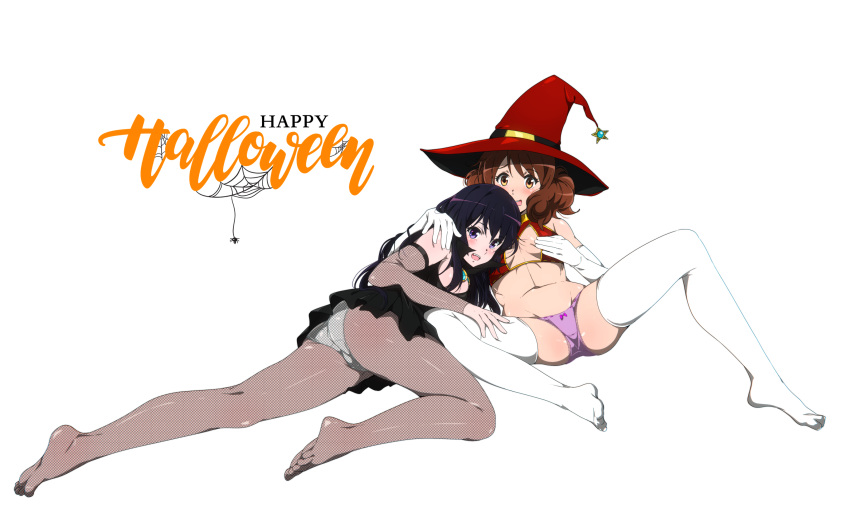 2girls absurdres ass bangs black_dress black_hair blush breasts brown_hair commentary crop_top detached_sleeves dress fishnet_pantyhose fishnet_sleeves fishnets gloves halloween hand_on_another's_shoulder hand_on_another's_thigh hand_on_own_chest hat hibike!_euphonium highres kousaka_reina long_hair looking_at_viewer medium_hair multiple_girls navel open_mouth oumae_kumiko panties panties_under_pantyhose pantyhose purple_eyes purple_panties red_headwear sbel02 single_detached_sleeve small_breasts spread_legs symbol-only_commentary thighhighs transparent_background underwear white_gloves white_panties white_thighhighs witch_hat yellow_eyes
