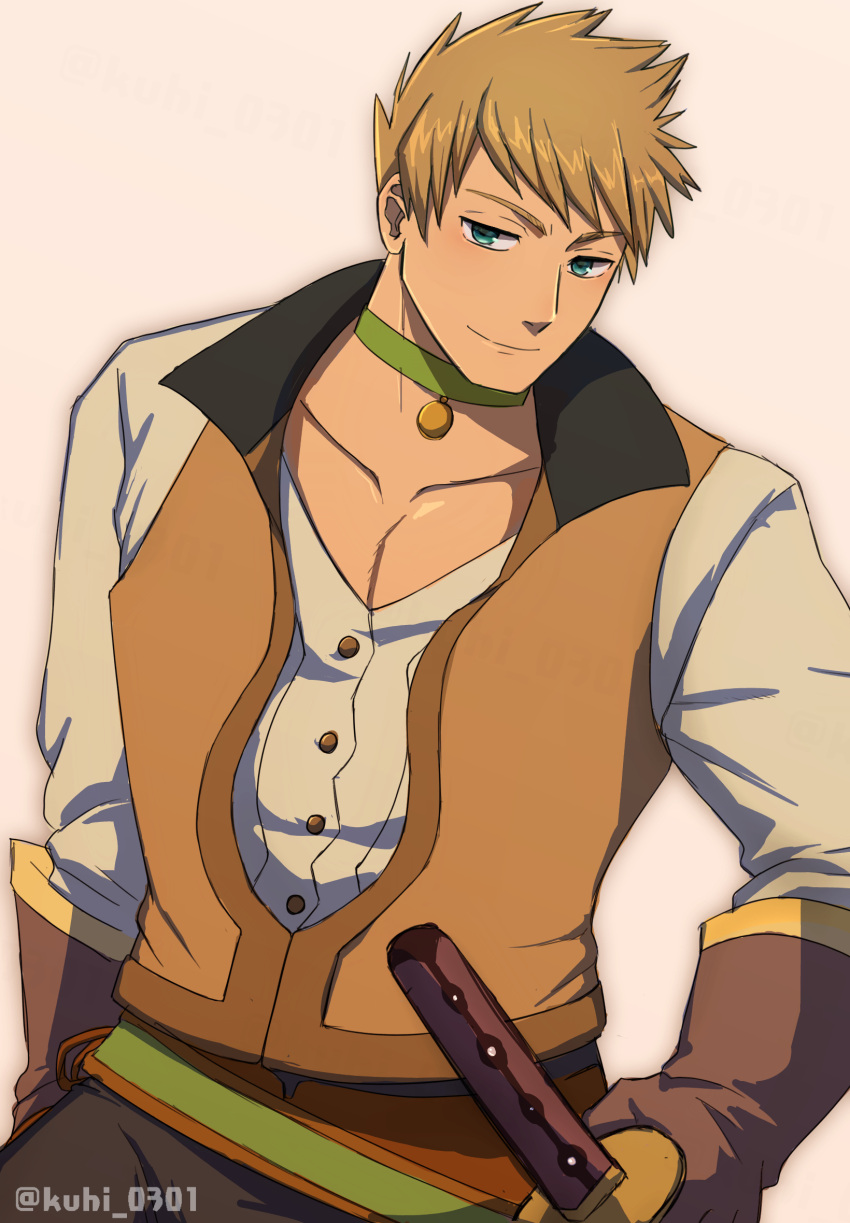 1boy artist_name black_pants blonde_hair blue_eyes brown_gloves choker collarbone gloves green_choker guy_cecil highres hiota_(kuhi_0301) holding holding_sheath long_sleeves looking_at_viewer male_focus pants pectoral_cleavage pectorals sheath sheathed shirt short_hair smile sword tales_of_(series) tales_of_the_abyss upper_body waistcoat weapon white_background white_shirt