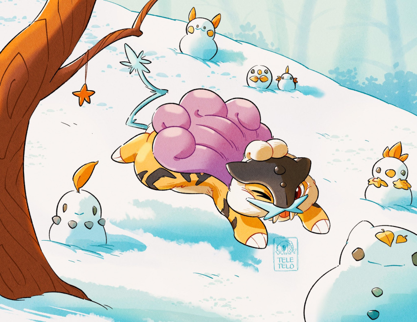 ;p alolan_raichu alternate_size bulbasaur character_request chikorita happy highres leaf mudkip one_eye_closed outdoors pokemon pokemon_(creature) raikou red_eyes rowlet running snow snowman teletelo tongue tongue_out torchic tree