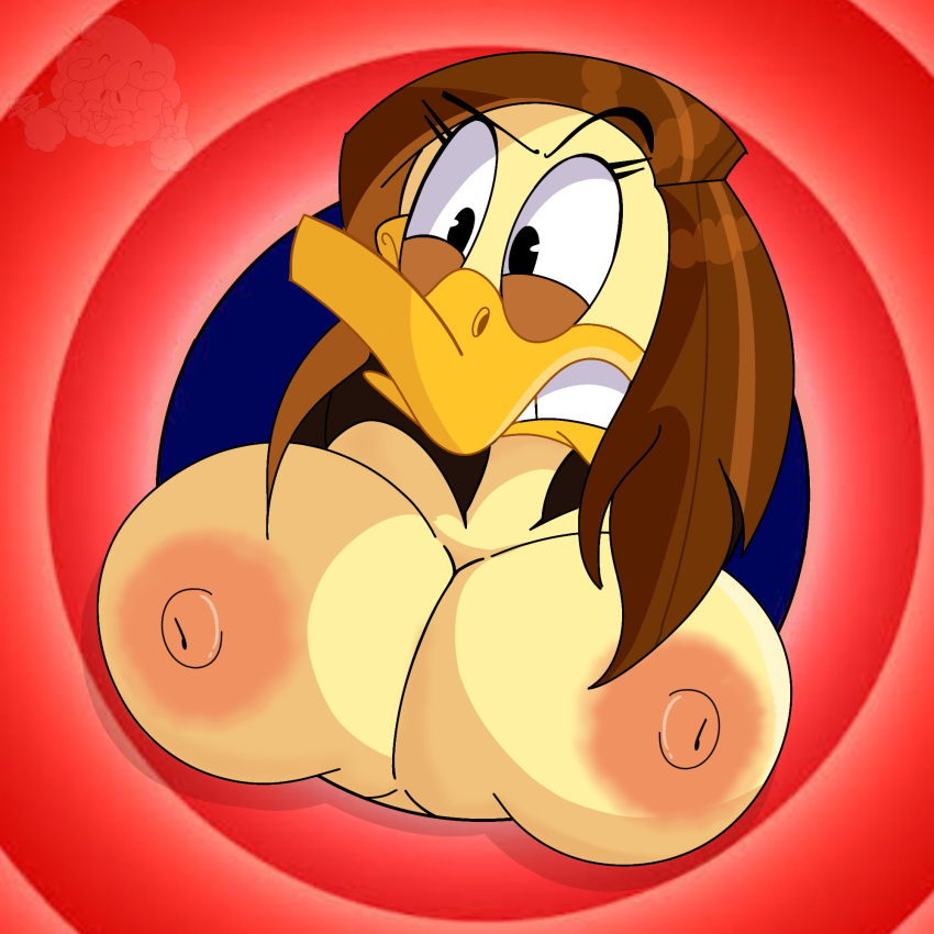 anatid anseriform anthro areola avian beak big_breasts bird black_eyes breasts brown_hair clenched_teeth duck eyelashes feathers female gerdash hair hi_res huge_breasts nipples pink_areola pink_nipples red_background simple_background solo teeth the_looney_tunes_show tina_russo warner_brothers yellow_body yellow_feathers
