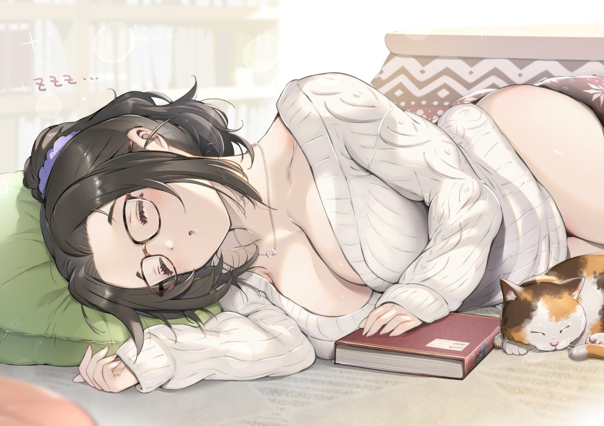 1girl :o argyle argyle_sweater bespectacled black_hair blush bottomless breasts cleavage collarbone ebihara_naho glasses highres idolmaster idolmaster_cinderella_girls kotatsu large_breasts long_sleeves lying on_side ponytail sleeping solo sweater tabby_cat table toruneko white_sweater zzz