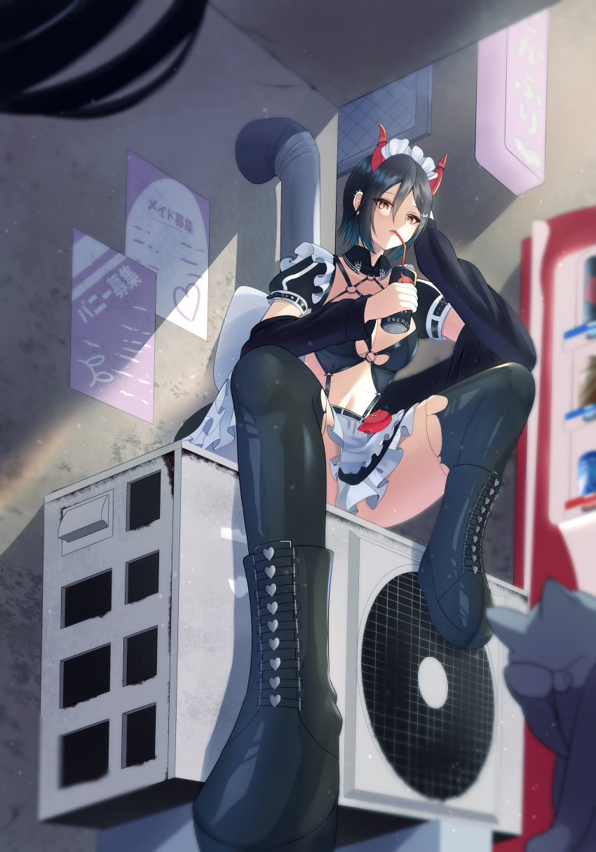 1girl absurdres air_conditioner alley apron azur_lane black_footwear black_hair black_thighhighs boots breasts can cleavage commentary_request drink drinking_straw ear_piercing footwear_focus hair_ornament hairclip highres holding holding_can looking_at_viewer maid maid_apron maid_headdress medium_breasts official_alternate_costume partial_commentary piercing platform_boots platform_footwear short_hair sitting sitting_on_object tako-san_wiener_(takosanuma) thighhighs ulrich_von_hutten_(azur_lane) ulrich_von_hutten_(mayhem_maid)_(azur_lane) yellow_eyes