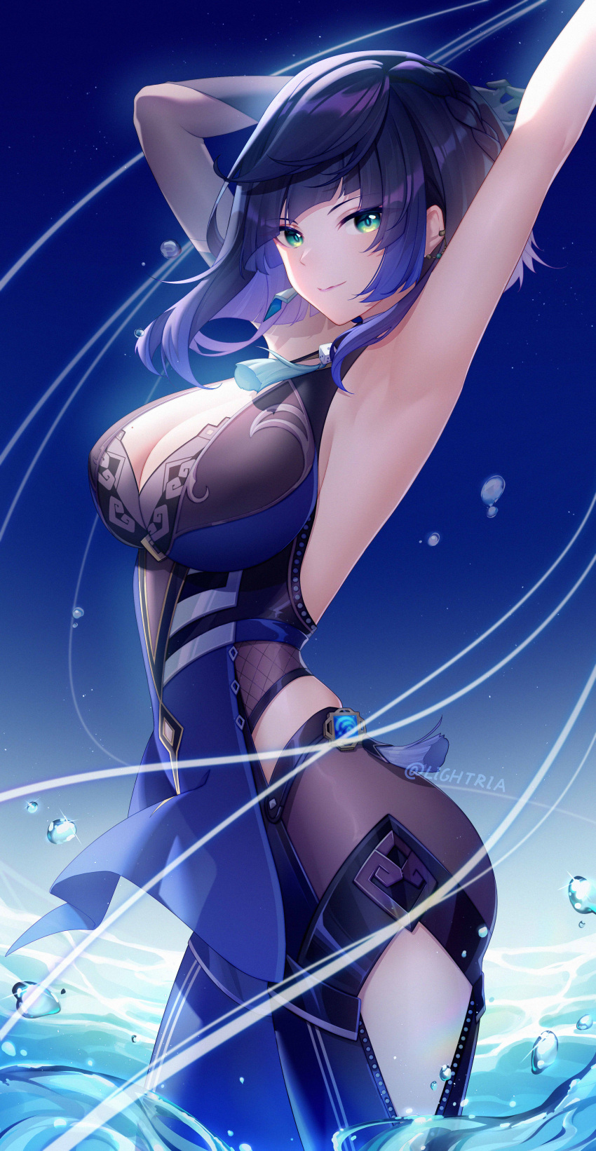1girl absurdres arm_behind_head armpits arms_up bangs black_bodysuit black_gloves black_hair blue_background blue_hair bodysuit braid breasts cleavage closed_mouth clothing_cutout dark_blue_hair diagonal_bangs earrings elbow_gloves fishnets genshin_impact gloves gradient_hair green_eyes highres hip_vent jewelry large_breasts lightria mole mole_on_breast multicolored_hair pelvic_curtain see-through sidelocks single_bare_arm single_elbow_glove smile solo tassel thigh_cutout thighs twitter_username vision_(genshin_impact) wading water water_drop yelan_(genshin_impact)
